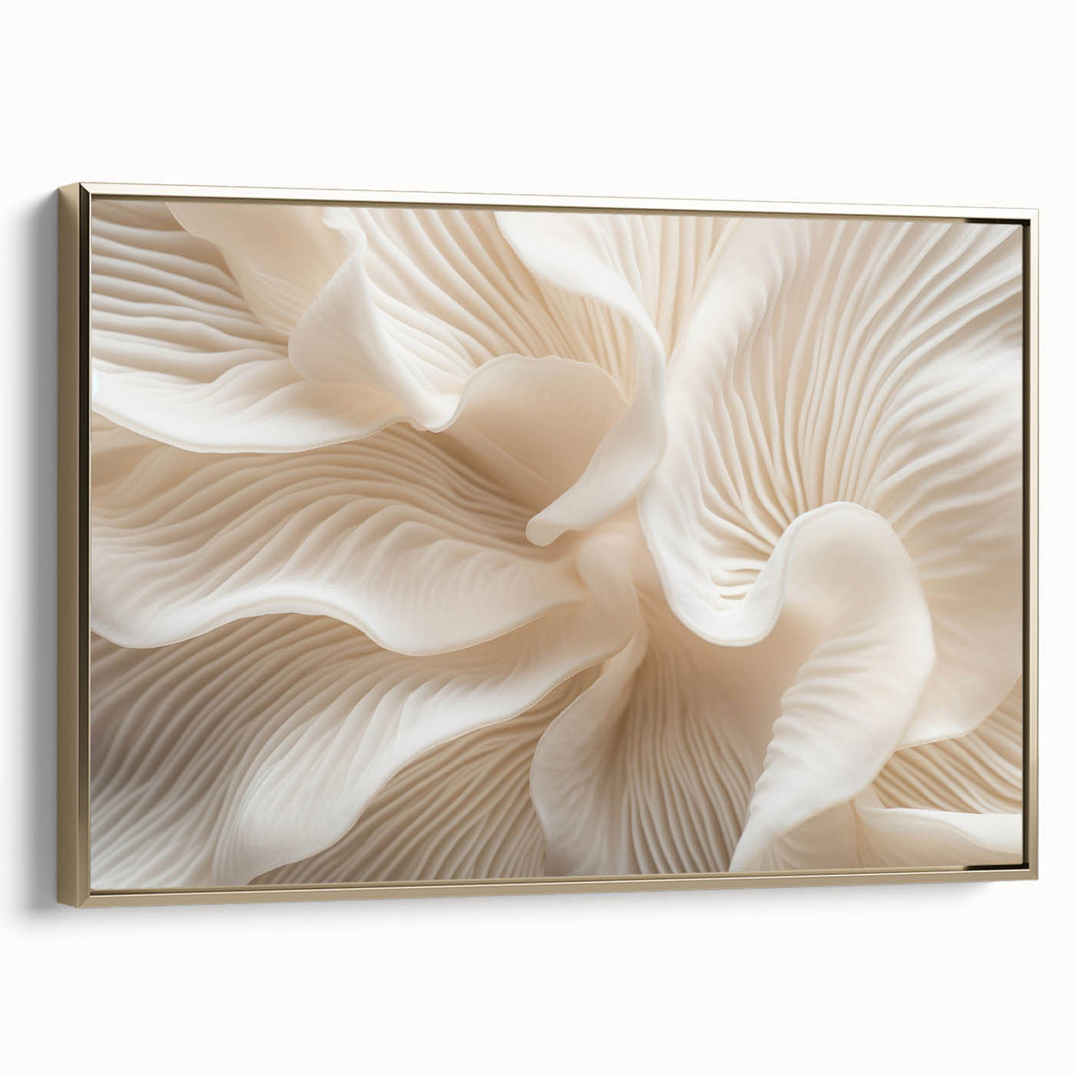 Framed canvas featuring a close-up of leaves in muted green and gold tones, ideal for bedroom wall art.