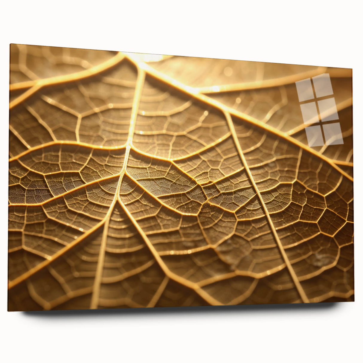 Close-up of green leaves in an abstract design on acrylic glass, suitable as large bedroom or dining room art.