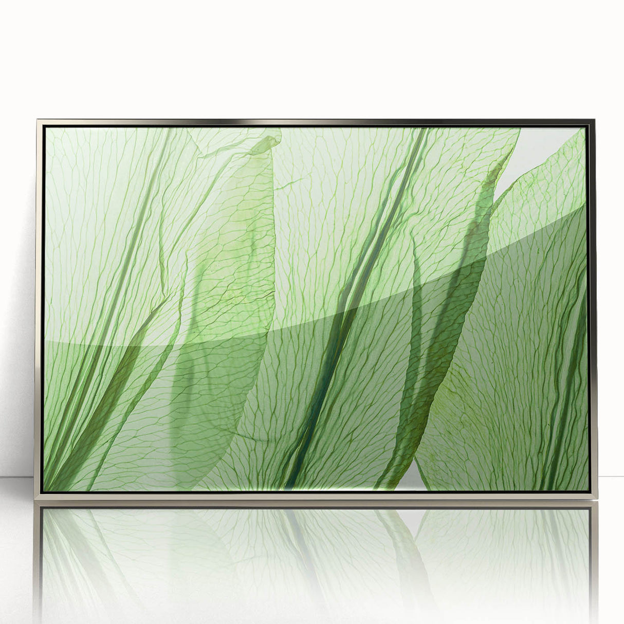Mid-century modernist art depicting close-up leaves in green and silver tones on a framed acrylic.