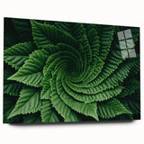 Close-up of green leaves in a large abstract design on acrylic glass, suitable for bedroom or dining room art.