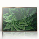 Close-up of leaves in green and gold tones, framed acrylic print.