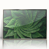 Mid-century modernist art featuring close-up of leaves in green and silver hues, displayed as a framed acrylic print.