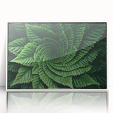 Close-up of green leaves in an art deco style, framed in white acrylic, ideal for nursery wall art.