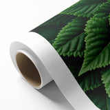Art deco poster featuring close-up of green leaves on rolled canvas.