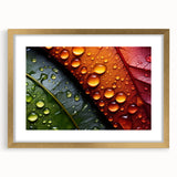 Extra large abstract art print featuring close-up leaves in textured green shades, framed in gold.