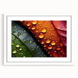 Abstract art print of close-up leaves in muted green and brown tones, framed in white, ideal for dining room decor.