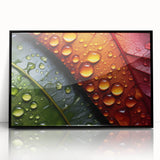 Large abstract wall art featuring close-ups of leaves in green and yellow tones, framed in black acrylic.