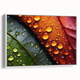 Vintage poster art of colorful leaves on a large framed canvas, ideal for living room decor.