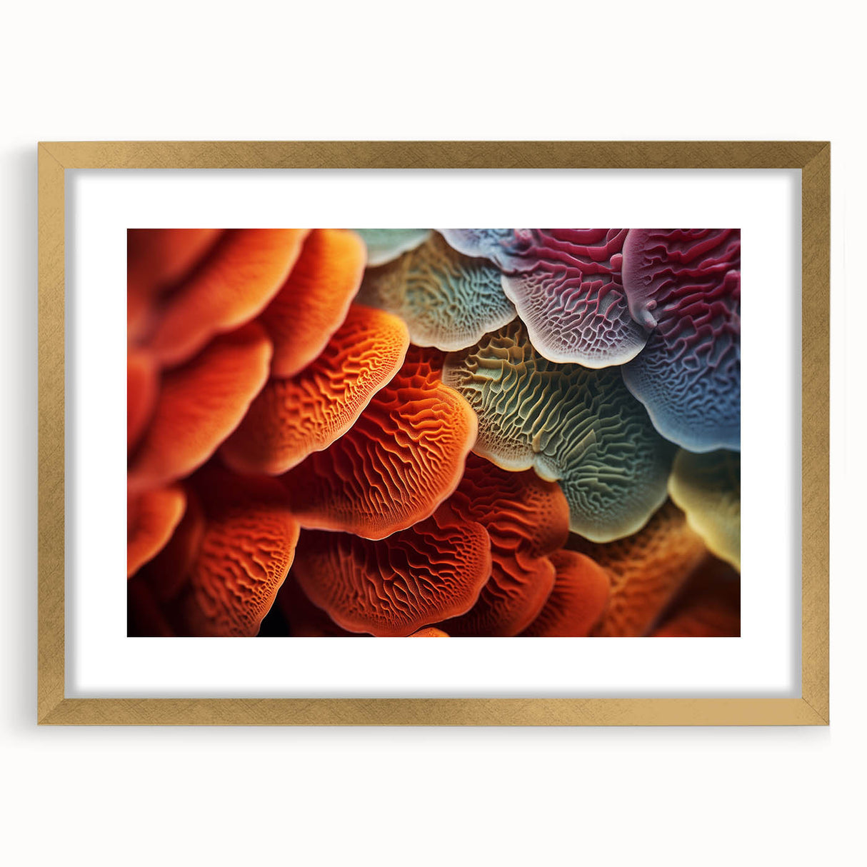 Extra large abstract art print featuring close-up leaf designs in textured greens and golds, framed with a gold mat.