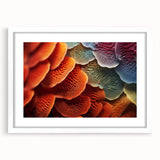 Abstract art print of close-up leaves in green and yellow tones, framed in white, suitable for bedroom or dining room decor.