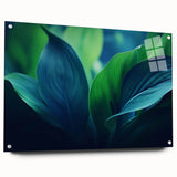 Close-up of leaves in green and yellow hues on acrylic glass, ideal for bedroom or dining room decor.