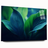 Close-up of green leaves in a large abstract style on acrylic glass, ideal for bedroom or dining room art.