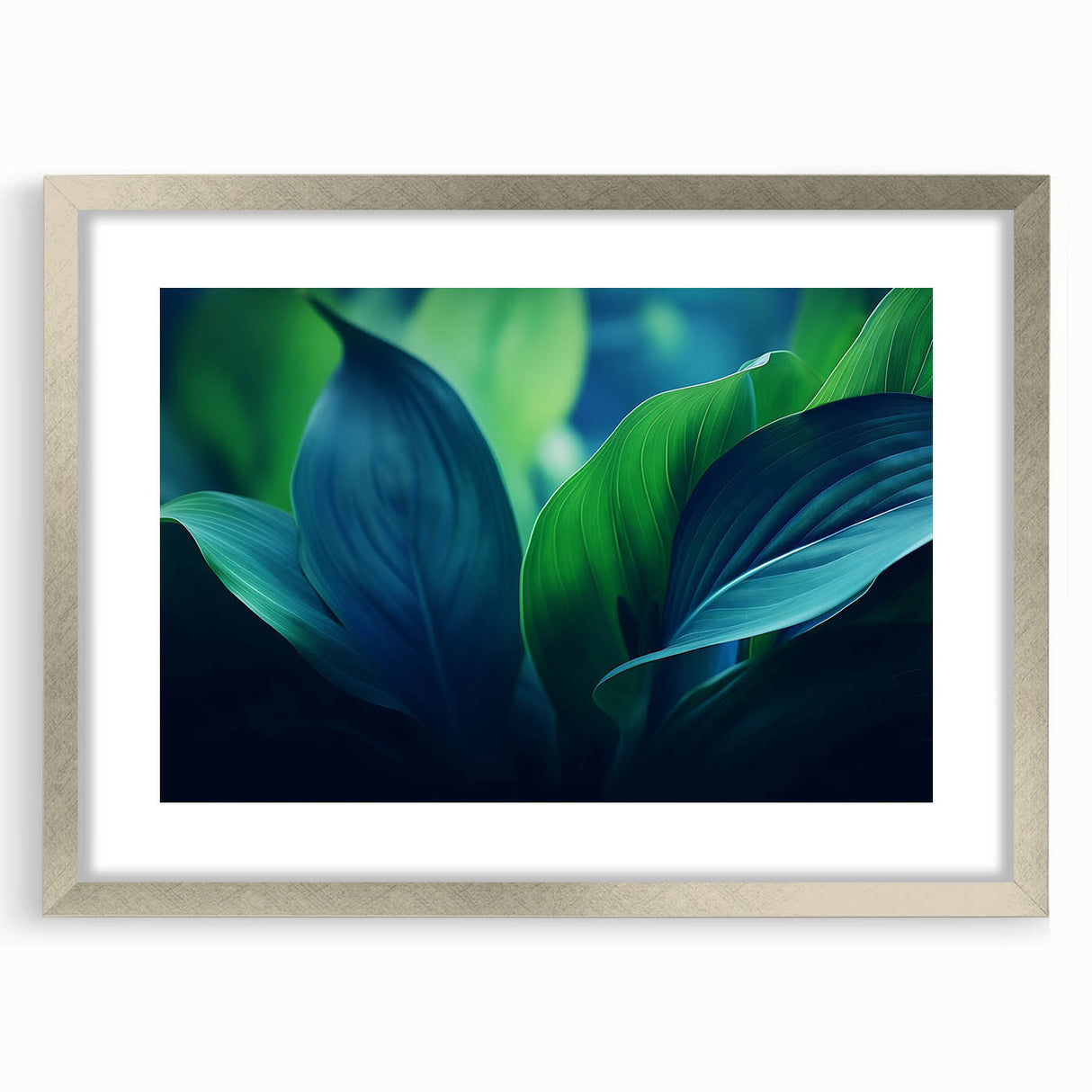 Textured art print of abstract leaf design in muted green and brown tones, framed in silver, ideal for bedroom art.