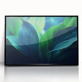 Large abstract wall art featuring close-up leaves in muted green and brown tones on a black framed acrylic.