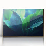 Mid-century modernist acrylic print of close-up leaves in vibrant green tones, framed in gold, ideal for nursery wall decor.