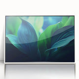 Close-up of green leaves in art deco style, acrylic print framed in white, suitable for modern nursery decor.