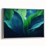 Framed canvas of a vintage landscape art painting featuring close-up leaves in vibrant colors.