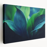 Close-up of green leaves on a large stretched canvas, featuring vivid green tones, ideal for kitchen wall art.