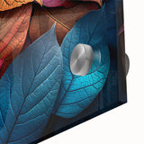 Large abstract wall art featuring close-up of leaves in green and yellow hues on acrylic glass.