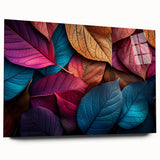 Close-up of leaves in muted green and brown tones on acrylic glass.