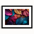 Extra large abstract art print featuring close-up colorful leaves, textured details on a black framed canvas.