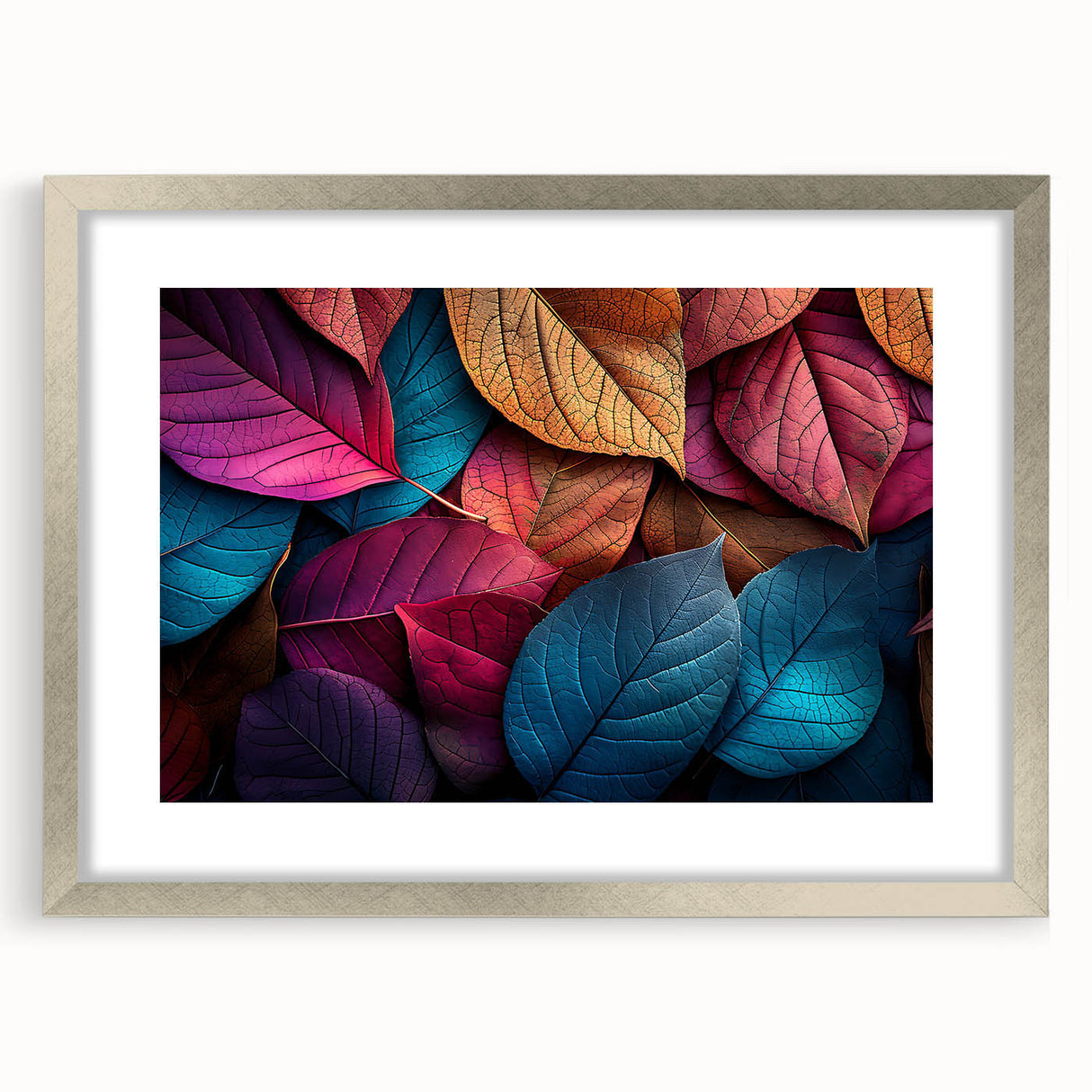 Textured art print of abstract leaves in muted green and brown tones, framed in silver, ideal for bedroom art.