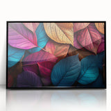 Large abstract wall art featuring close-up leaves in muted green and brown tones, framed in black acrylic.