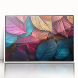 Acrylic print of close-up leaves in soft green tones, framed in white, suitable for modern nursery decor.