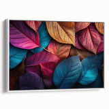 Vintage poster art of colorful leaves on a white framed canvas, ideal for extra large living room wall decor.