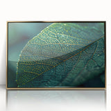 Close-up of leaves in vibrant green hues, framed acrylic print in mid-century modernist style.