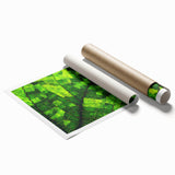 Close-up of green leaves in a minimalist style on a large rolled canvas, suitable for classy bathroom wall art.