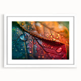 Abstract art print of close-up leaves in muted green and brown, framed with a white mat, ideal for dining room decor.