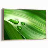 Framed canvas depicting close-up of leaves in muted green and gold tones, suitable as wall art for a bedroom.
