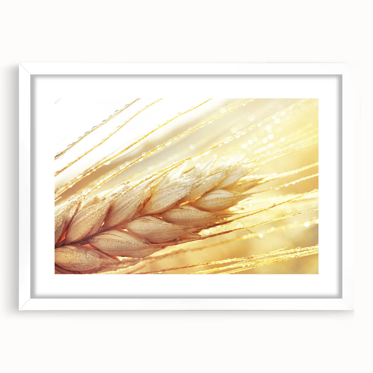 Abstract art print featuring close-up of leaves in green and yellow tones, framed in white, ideal for dining room decor.
