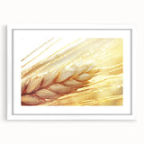 Abstract art print featuring close-up of leaves in green and yellow tones, framed in white, ideal for dining room decor.