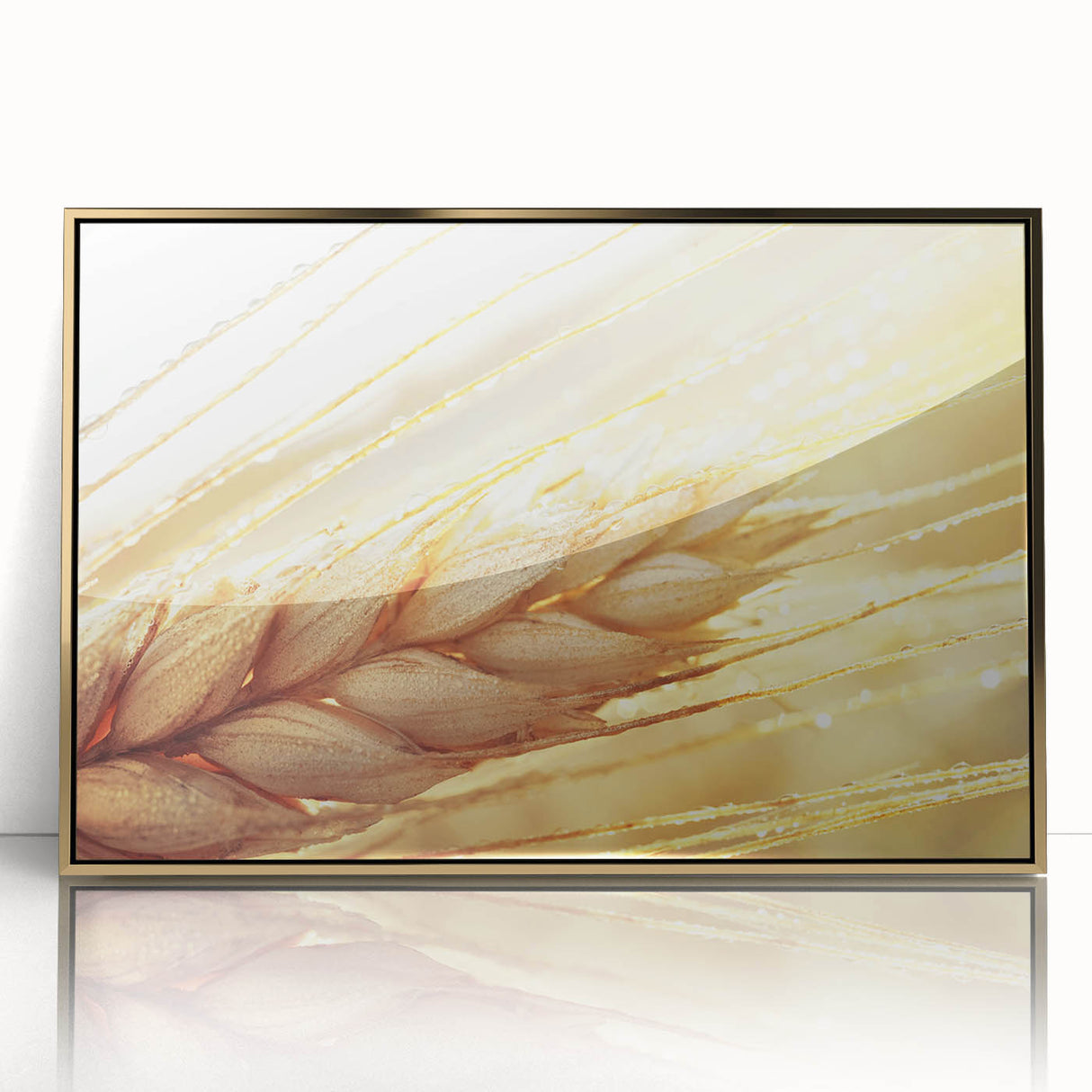 Close-up of leaves in gold frame, acrylic print with mid-century modernist style, suitable for modern nursery decor.