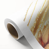 Art deco poster of close-up leaves in green and gold tones on rolled canvas.