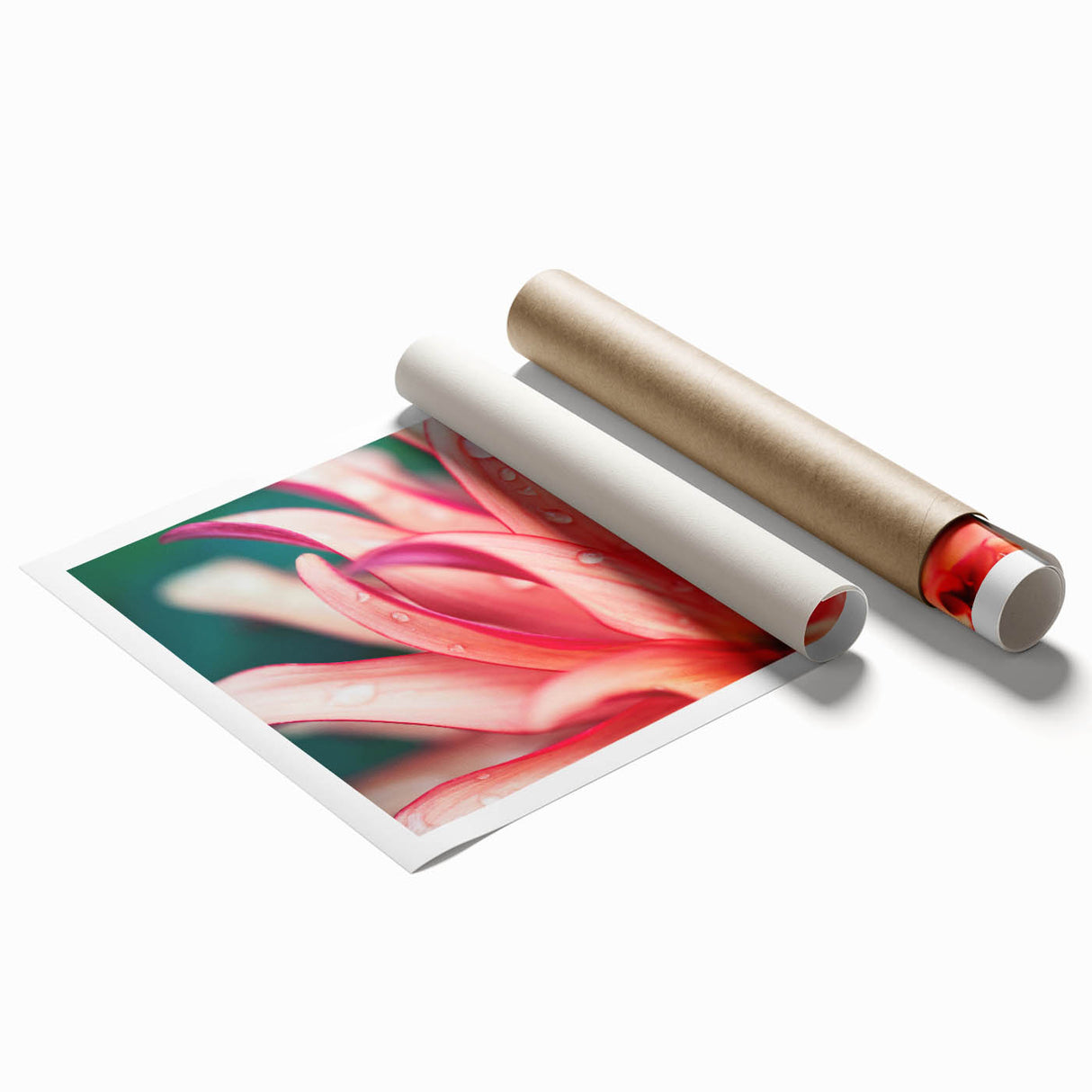 Close-up of green leaves in a floral art pattern on a rolled print, suited for classy bathroom wall art.