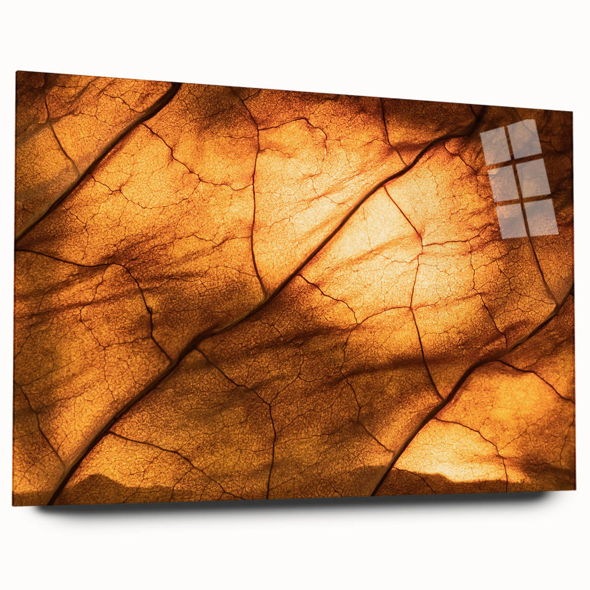 Close-up of green leaves in a large abstract design on acrylic glass, suitable for bedroom or dining room art.