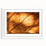 Close-up abstract art print of overlapping leaves in green tones, framed with a white mat.