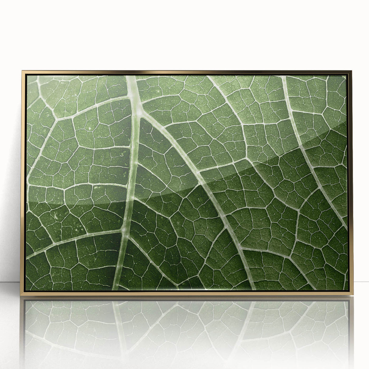 Large art print of close-up leaves in gold frame, featuring mid-century modernist style with vibrant green hues.