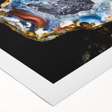 Art deco poster featuring geometric patterns in muted gold and teal, printed on rolled canvas.