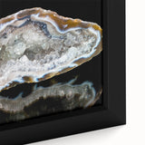 Close-up of black textured art featuring colorful natural elements on a framed canvas, ideal for living room decor.