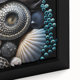 Close-up of textured black wall art with colorful natural elements on a large framed canvas, suitable for living room decor.