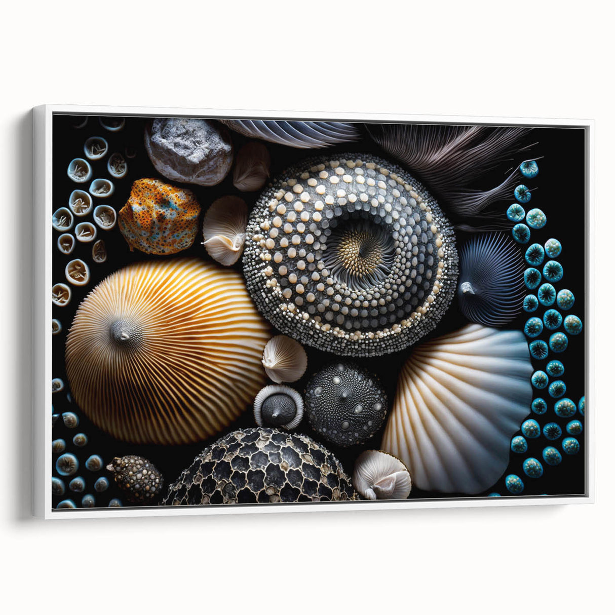 Vintage poster art of colorful natural elements on a large framed canvas, suitable for living room decor.
