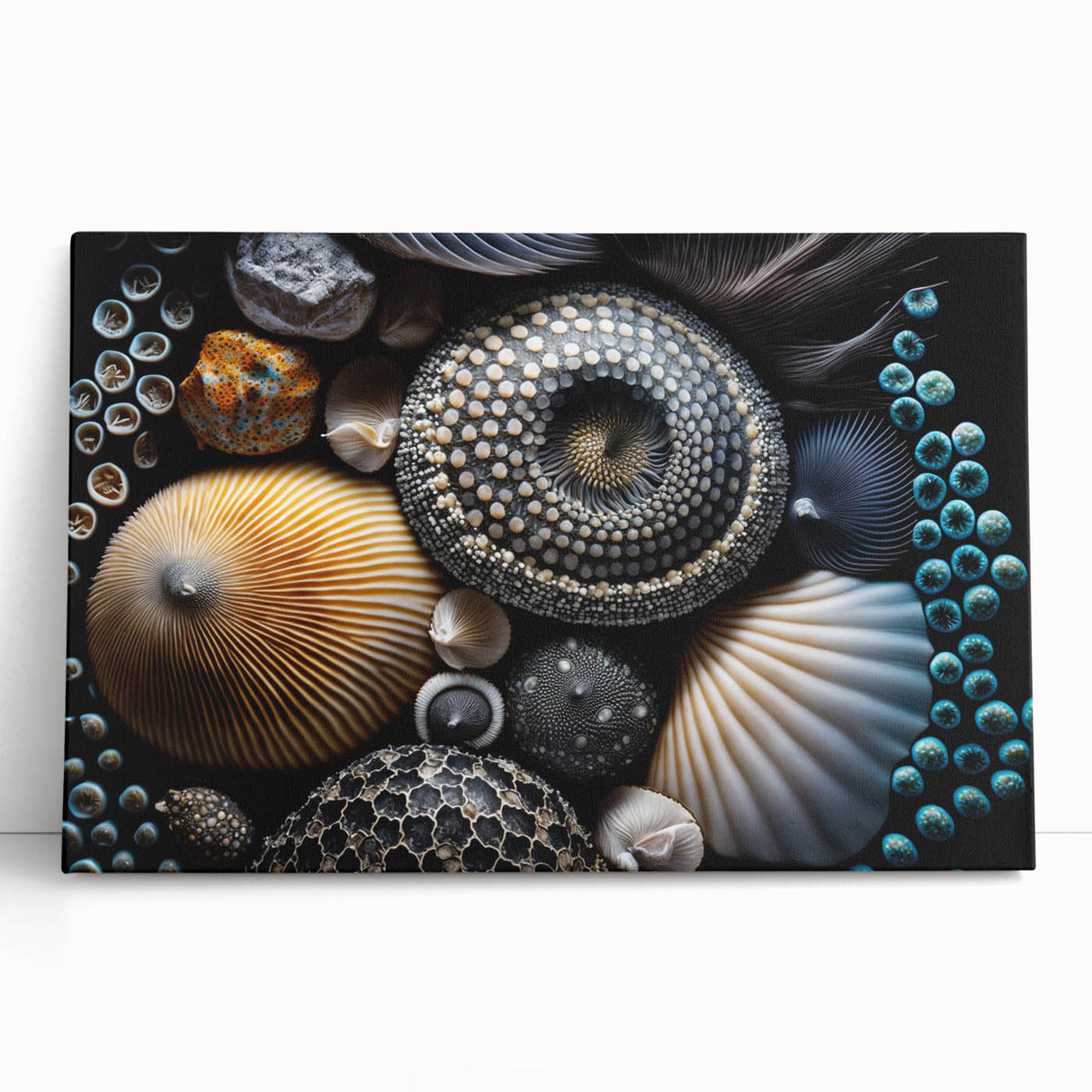 Black and white close-up photo of natural elements on stretched canvas, ideal for kitchen wall art.
