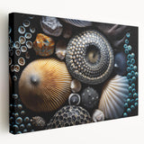 Close-up image of natural elements on stretched canvas, featuring earthy green and brown tones, ideal for kitchen wall art.