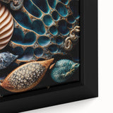 Close-up of textured black wall art featuring vibrant, colorful natural elements on a large framed canvas.