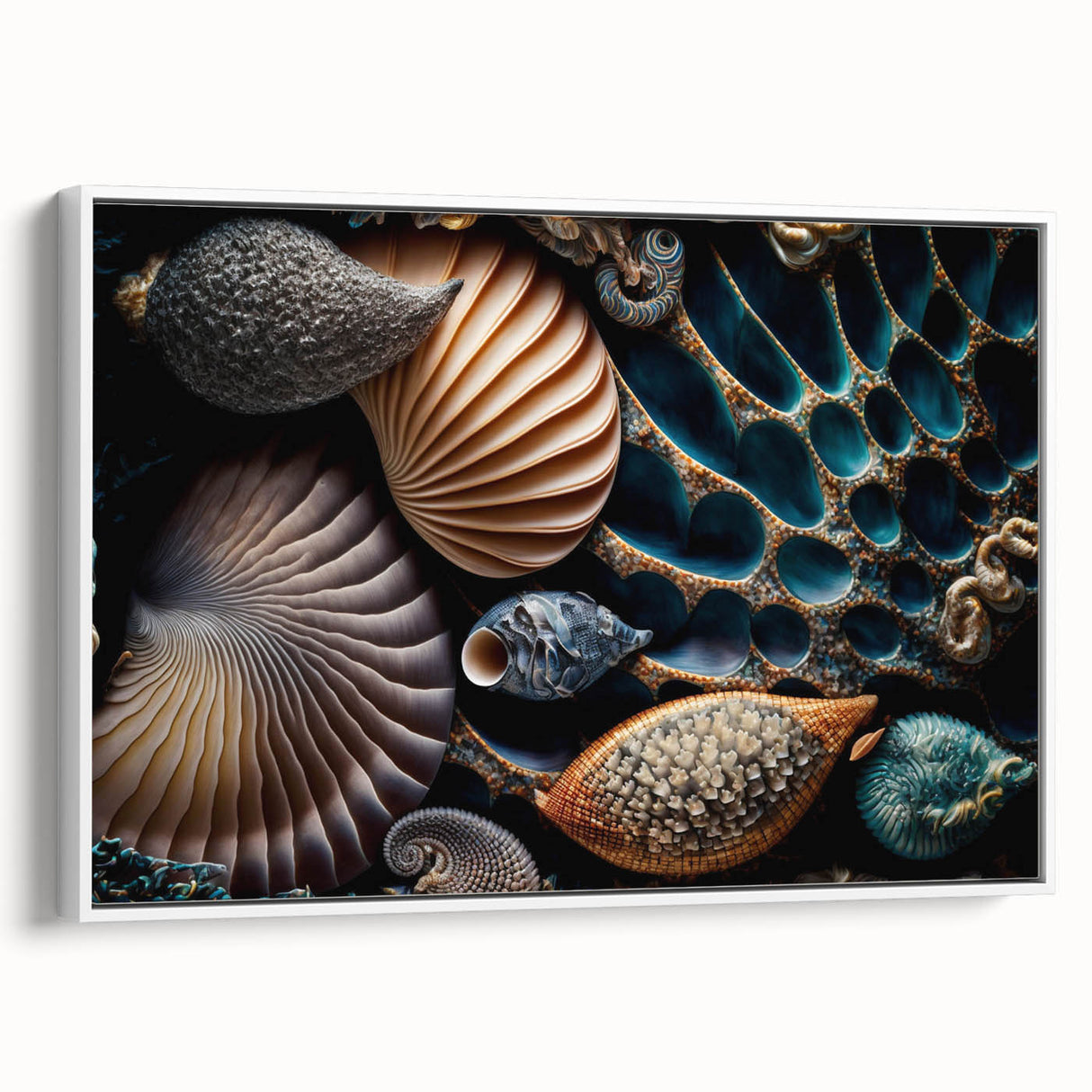 Vintage poster art of colorful natural elements on a large framed canvas, ideal for living room decor.