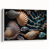 Vintage poster art of colorful natural elements on a large framed canvas, ideal for living room decor.